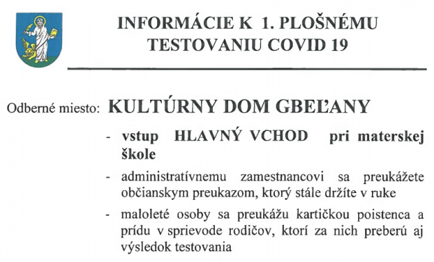 Informácie k 1. plošnému testovaniu