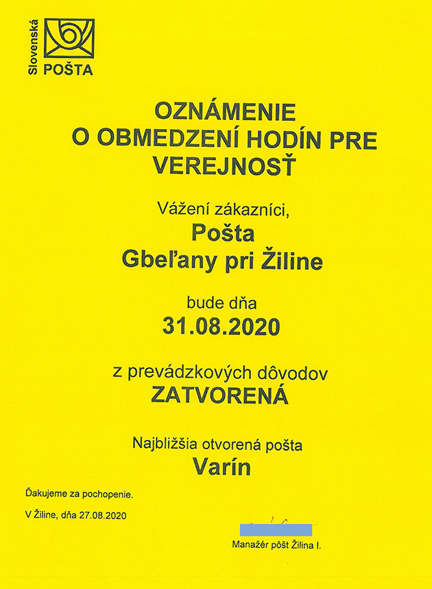 Pošta Gbeľany - oznam