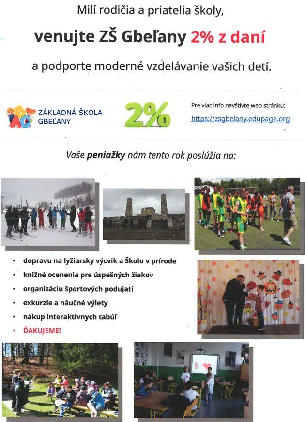 2&nbsp;percentá pre ZŠ Gbeľany