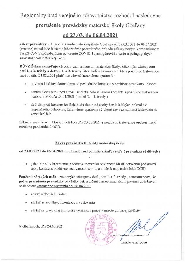 Prerušenie prevádzky MŠ